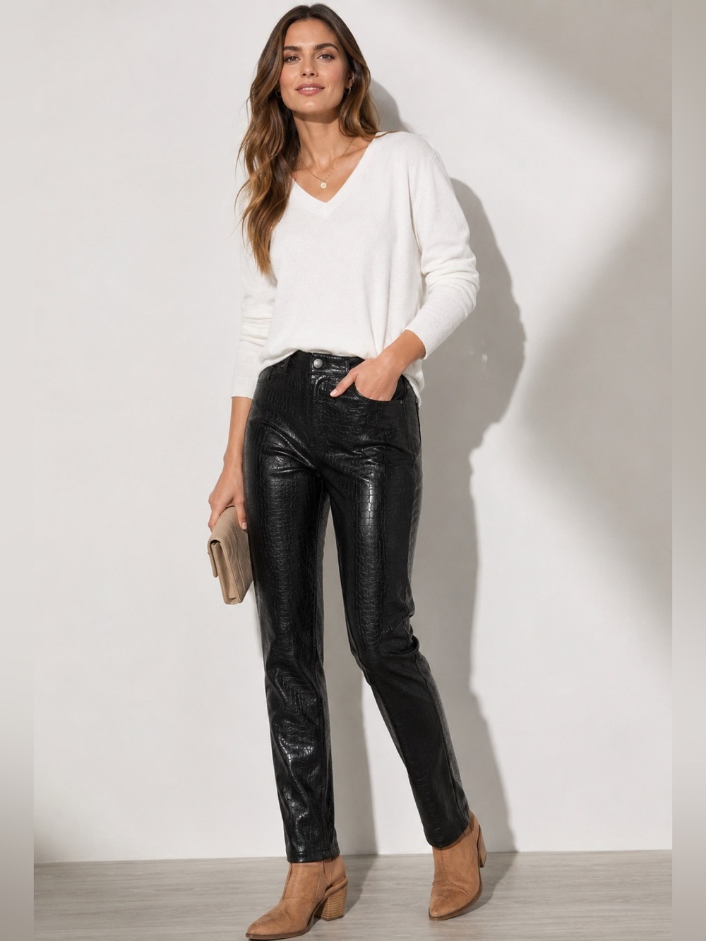 Soft Surroundings Black Croc Embossed Faux Leather High Rise Pants Women’s 10P